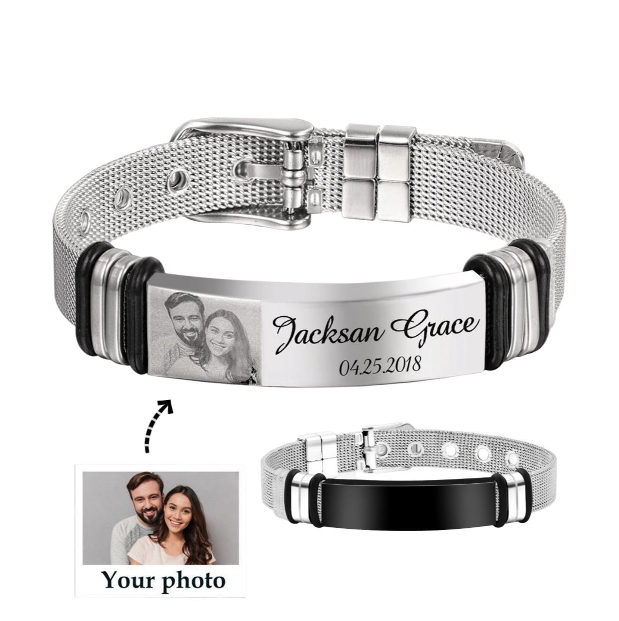 Pulsera Unisex de Acero inoxidable Grabable con foto o Texto Ajustable😍