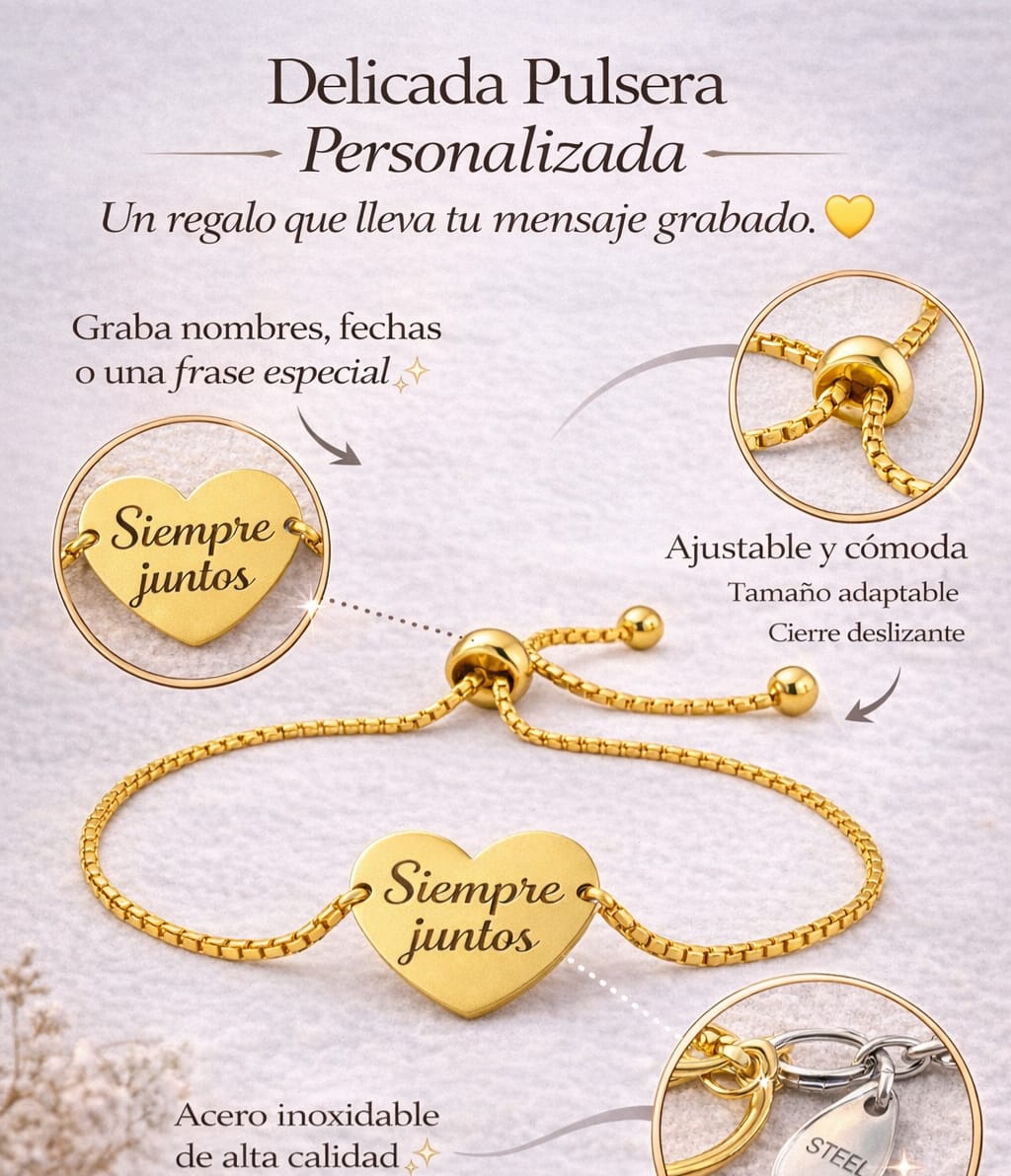Pulsera Corazón Personalizable en Acero Inoxidable Grabado Láser♥️