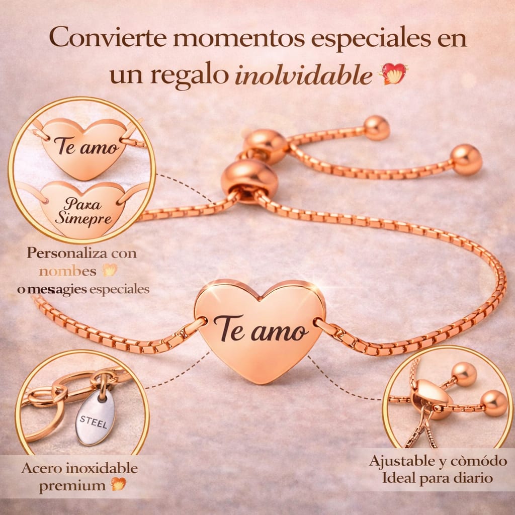 Pulsera Corazón Personalizable en Acero Inoxidable Grabado Láser♥️