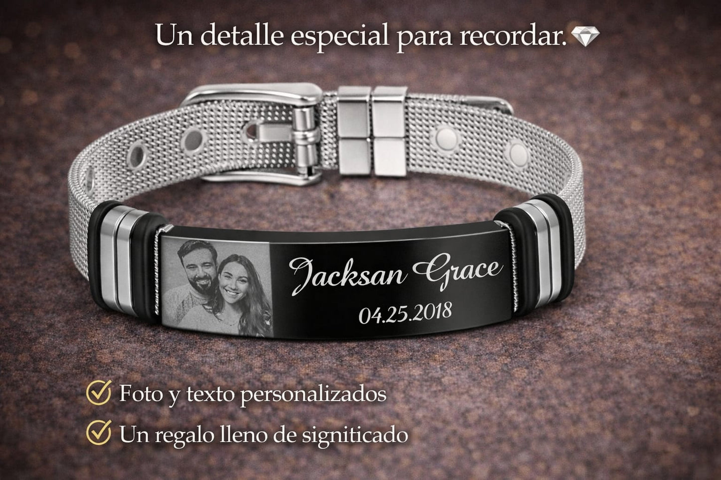 Pulsera Unisex de Acero inoxidable Grabable con foto o Texto Ajustable😍