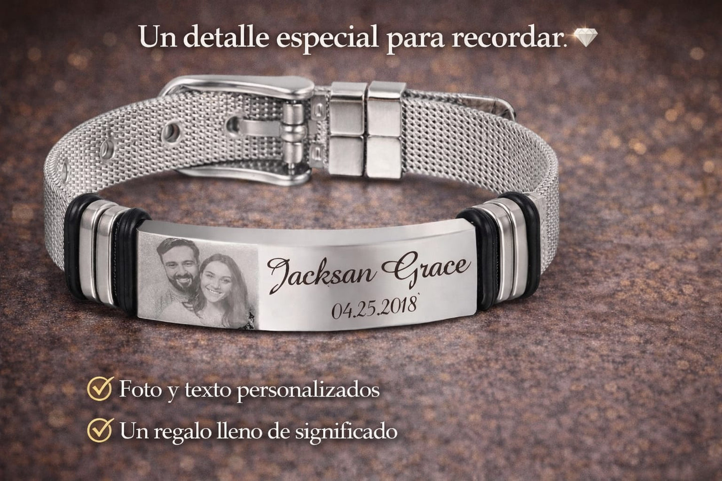 Pulsera Unisex de Acero inoxidable Grabable con foto o Texto Ajustable😍