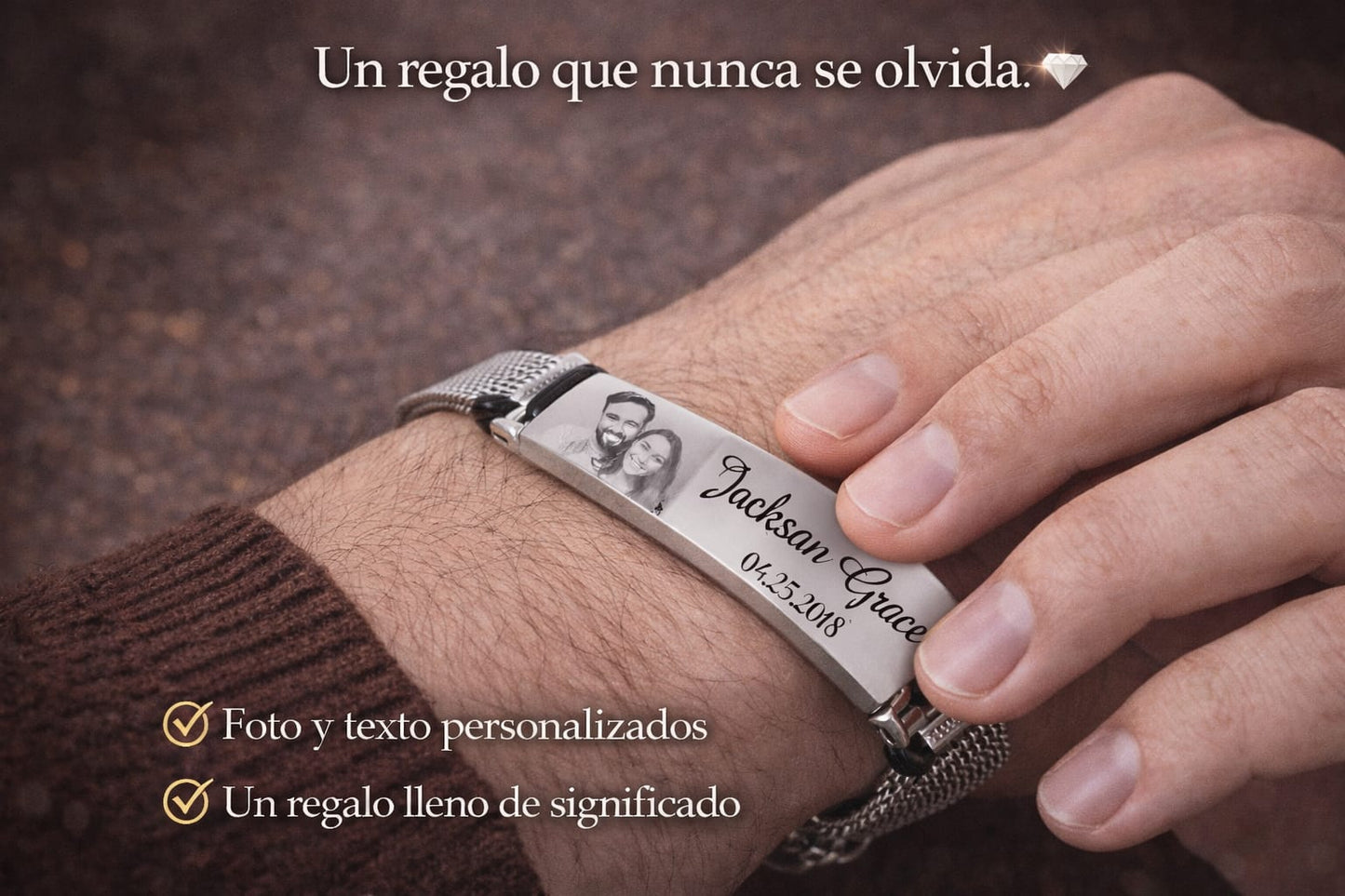 Pulsera Unisex de Acero inoxidable Grabable con foto o Texto Ajustable😍