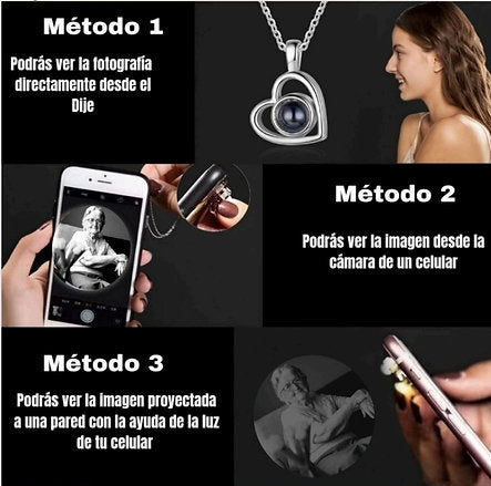 Collar y Dije de Plata de Corazón Doble con foto personalizada de proyección 😍